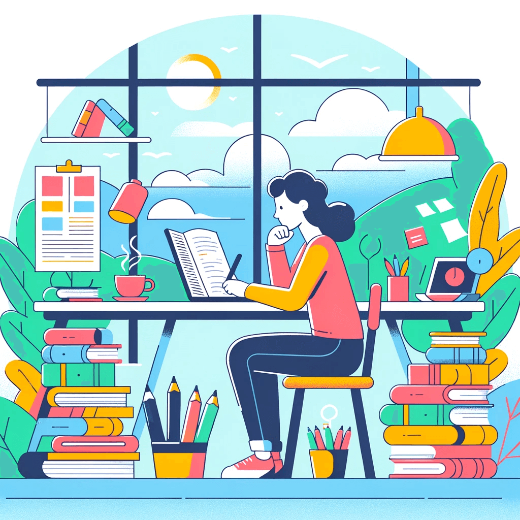 colorful drawing of woman writing in a book