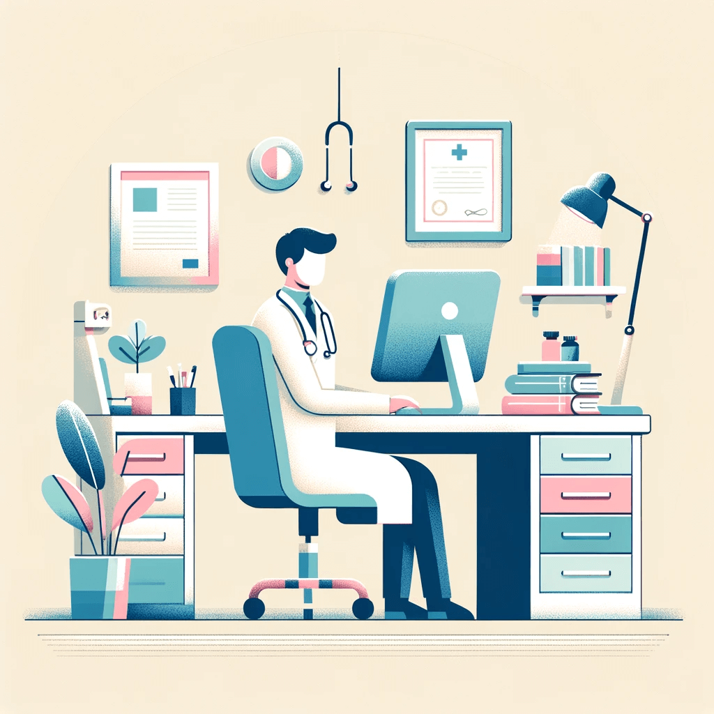 drawing of a doctor sitting at his desk