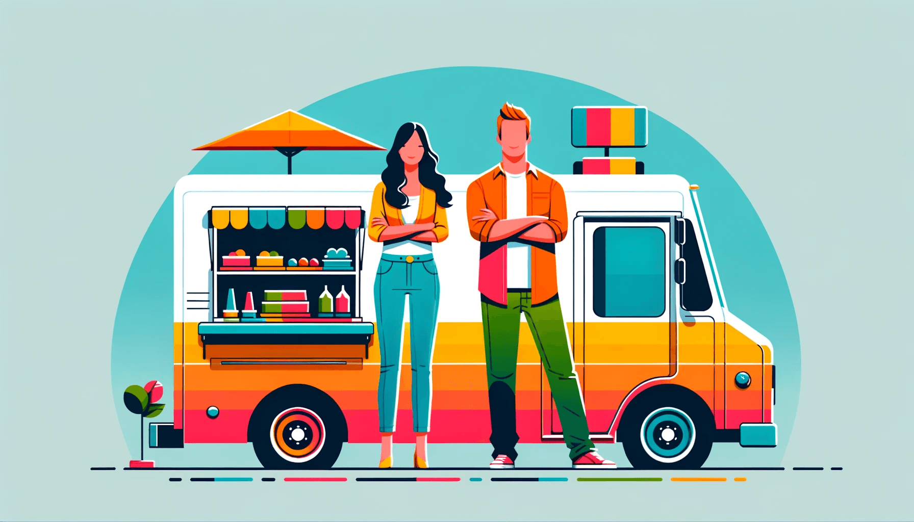 drawing of food truck with owners standing in front