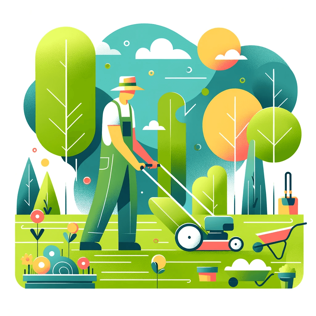 vector drawing of a person mowing the lawn