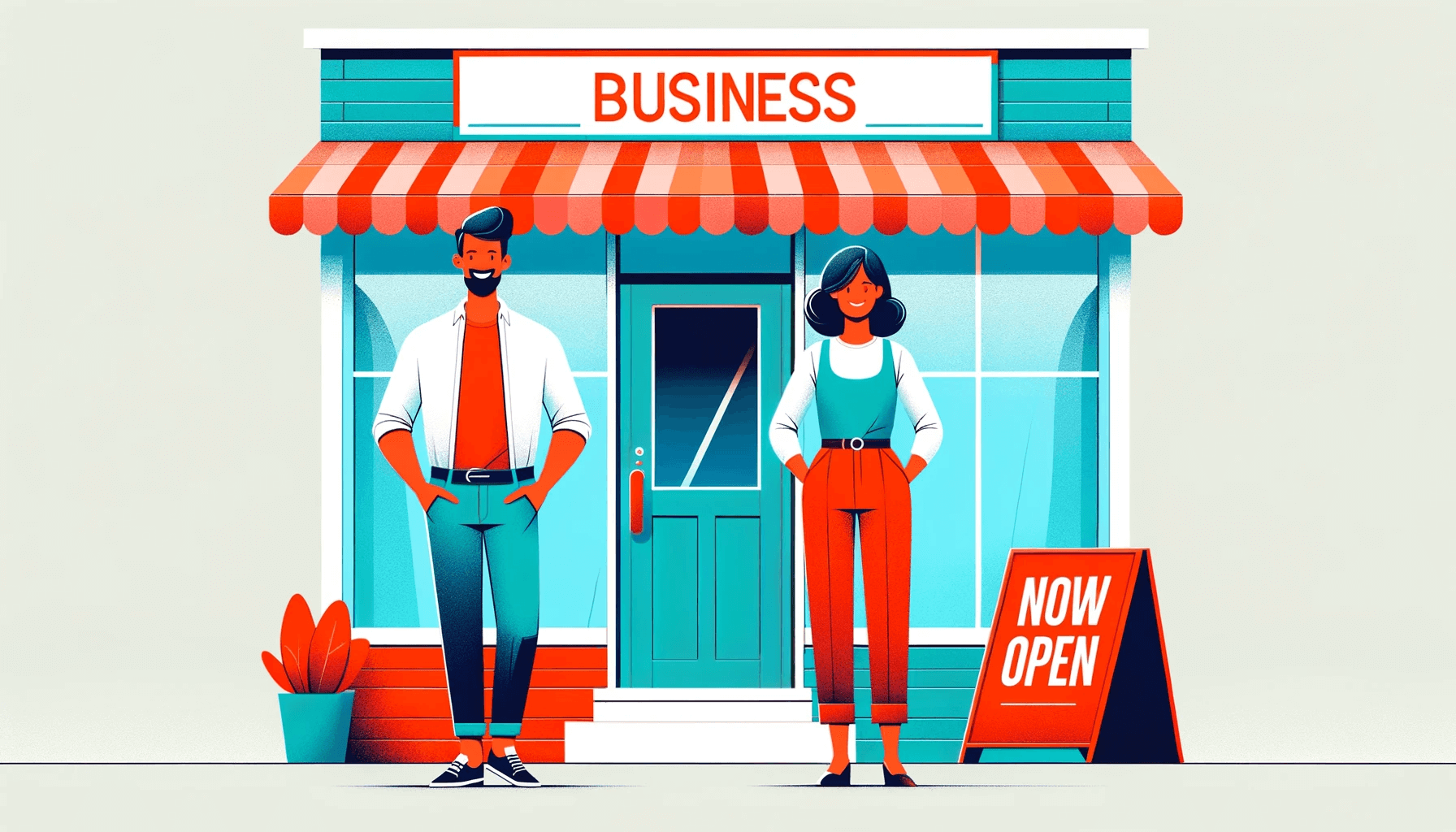 vector drawing of a man and a woman standing in front of a small business